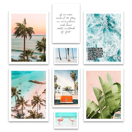 ARTFAVES® Poster Set - SUMMER VIBES - mehrteilige Wanddeko Wohnzimmer & Schlafzimmer - 8 moderne Wandbilder Sommer, Strand, Meer, Palmen, Surf, Beach, Ocean - ohne Bilderrahmen von ARTFAVES