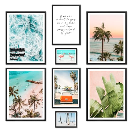 ARTFAVES® Poster Set - SUMMER VIBES - mehrteilige Wanddeko Wohnzimmer & Schlafzimmer - 8 moderne Wandbilder Sommer, Strand, Meer, Palmen, Surf, Beach, Ocean - mit Rahmen Schwarz von ARTFAVES