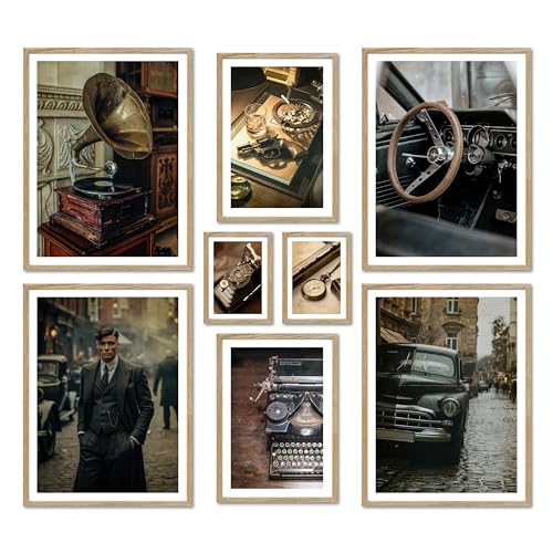 ARTFAVES® Poster Set - Vintage London - mehrteilige Wanddeko Wohnzimmer & Schlafzimmer - 8 moderne Wandbilder Peaky Blinders Vintage Deko Poster Wandbild Collage London - mit Rahmen Eiche von ARTFAVES