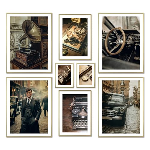 ARTFAVES® Poster Set - Vintage London - mehrteilige Wanddeko Wohnzimmer & Schlafzimmer - 8 moderne Wandbilder Peaky Blinders Vintage Deko Poster Wandbild Collage London - mit Rahmen Gold von ARTFAVES