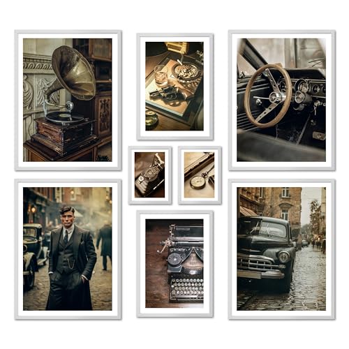 ARTFAVES® Poster Set - Vintage London - mehrteilige Wanddeko Wohnzimmer & Schlafzimmer - 8 moderne Wandbilder Peaky Blinders Vintage Deko Poster Wandbild Collage London - mit Rahmen Weiss von ARTFAVES