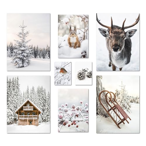 ARTFAVES® Poster Set - WINTER WONDERLAND - mehrteilige Wanddeko Wohnzimmer & Schlafzimmer - 8 moderne Wandbilder Weihnachten, Schnee, Reh, Schlitten, Natur - ohne Bilderrahmen von ARTFAVES