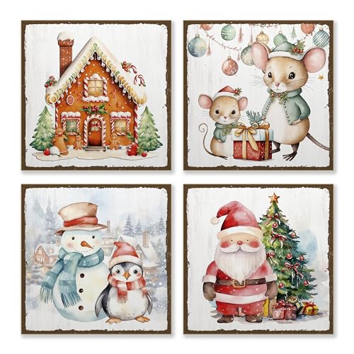 ARTFAVES® Schilder Set - Weihnachten Aquarell Kinder | Weihnachtsdeko Kinder Shabby Chic Vintage Holzbilder Collage Wandbilder | Größe: 19 x 19 cm von ARTFAVES