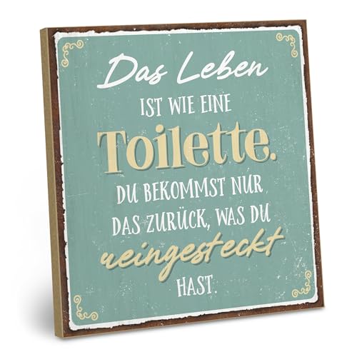 ARTFAVES® Wandbild Holzschild mit Spruch - Das Leben ist wie eine Toilette - Türschild Retro Vintage Deko Bild Geschenk - Bad, Badezimmer, WC, Toilette von ARTFAVES