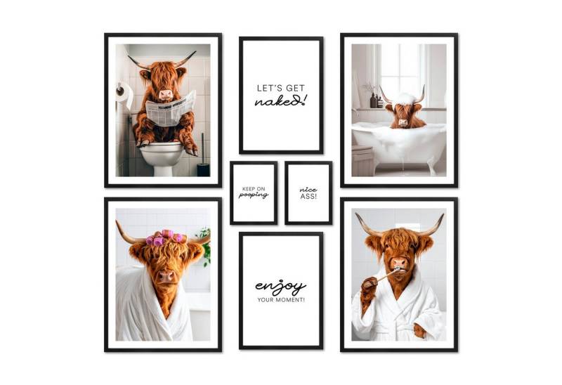 ARTFAVES Bilder-Collage Poster Set - FUNNY BATHROOM I Badezimmer Wandbilder witzige Kuh Hochla, (Wandbilder modern, 8 St) von ARTFAVES
