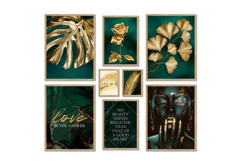 ARTFAVES Bilder-Collage Poster Set - GOLDEN LEAVES I Pflanzen Wandbilder Grün-Petrol-Gold, (Wandbilder modern, 8 St) von ARTFAVES