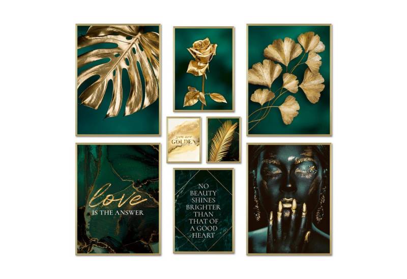 ARTFAVES Bilder-Collage Poster Set - GOLDEN LEAVES I Pflanzen Wandbilder Grün-Petrol-Gold, (Wandbilder modern, 8 St) von ARTFAVES