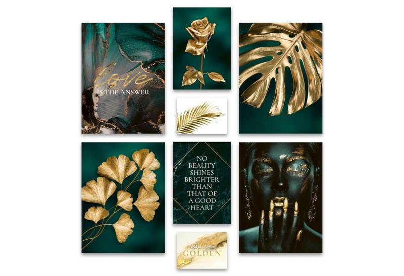 ARTFAVES Bilder-Collage Poster Set - GOLDEN LEAVES I Pflanzen Monstera Petrol Gold I Deko, (Wandbilder modern, 8 St), verschiedene Größen im Set von ARTFAVES