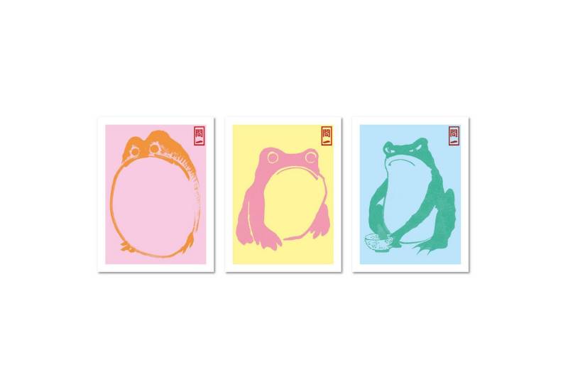ARTFAVES Bilder-Collage Poster Set - Hoji Frogs Dopamine - 3 Deko Wandbilder Kunst, Frösche, M, (Wandbilder modern, 3 St) von ARTFAVES