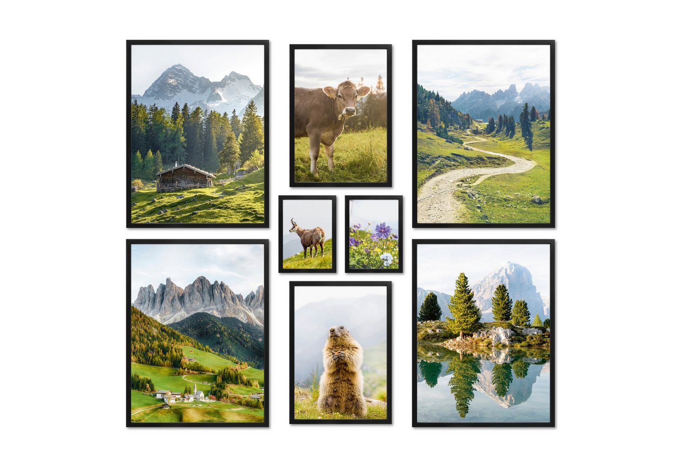 ARTFAVES Bilder-Collage Poster Set - In den Bergen - Deko Wandbilder frühling, tiere, natur, b, (Wandbilder modern, 8 St) von ARTFAVES