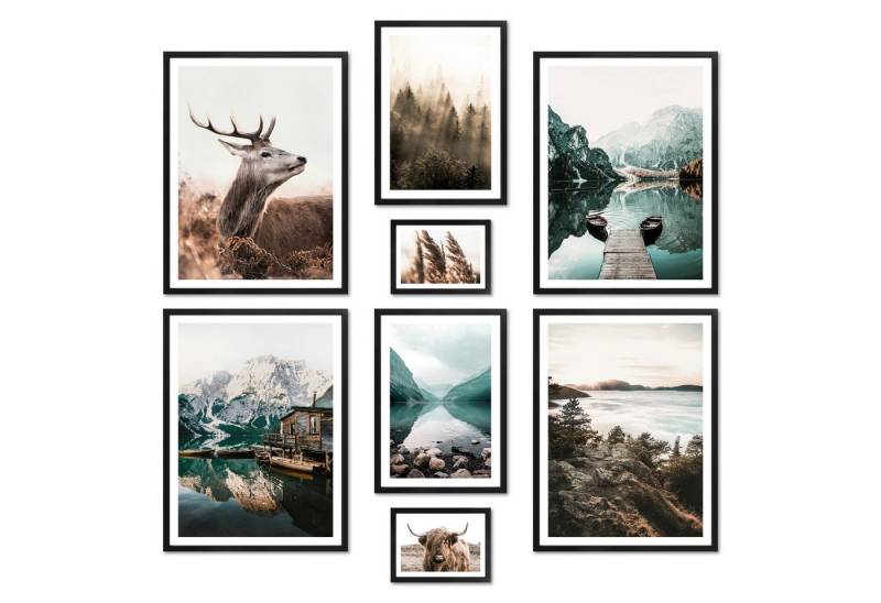 ARTFAVES Bilder-Collage Poster Set - MYSTI RIVER I Natur Tiere See Petrol Braun Herbst I Deko, (Wandbilder modern, 8 St), verschiedene Größen im Set von ARTFAVES
