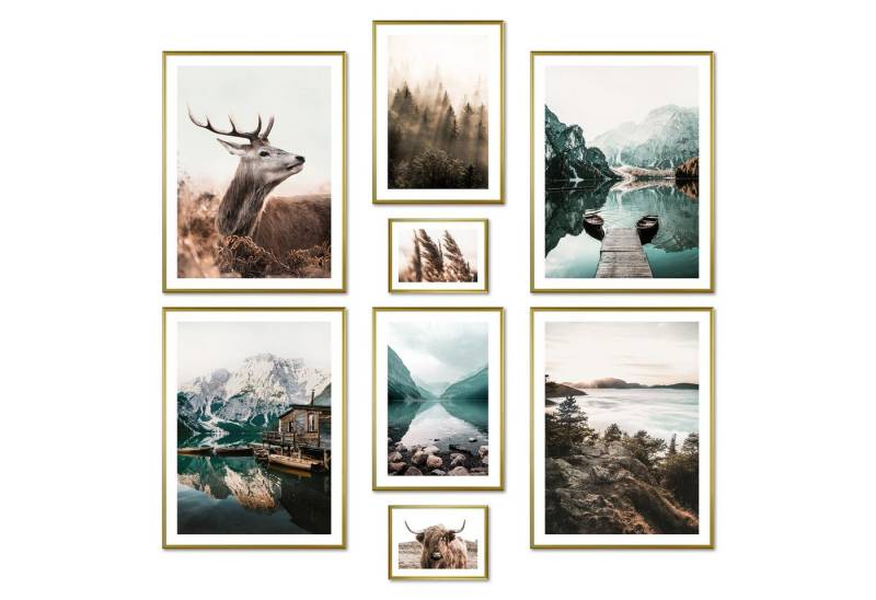 ARTFAVES Bilder-Collage Poster Set - MYSTI RIVER I Natur Tiere See Petrol Braun Herbst I Deko, (Wandbilder modern, 8 St), verschiedene Größen im Set von ARTFAVES