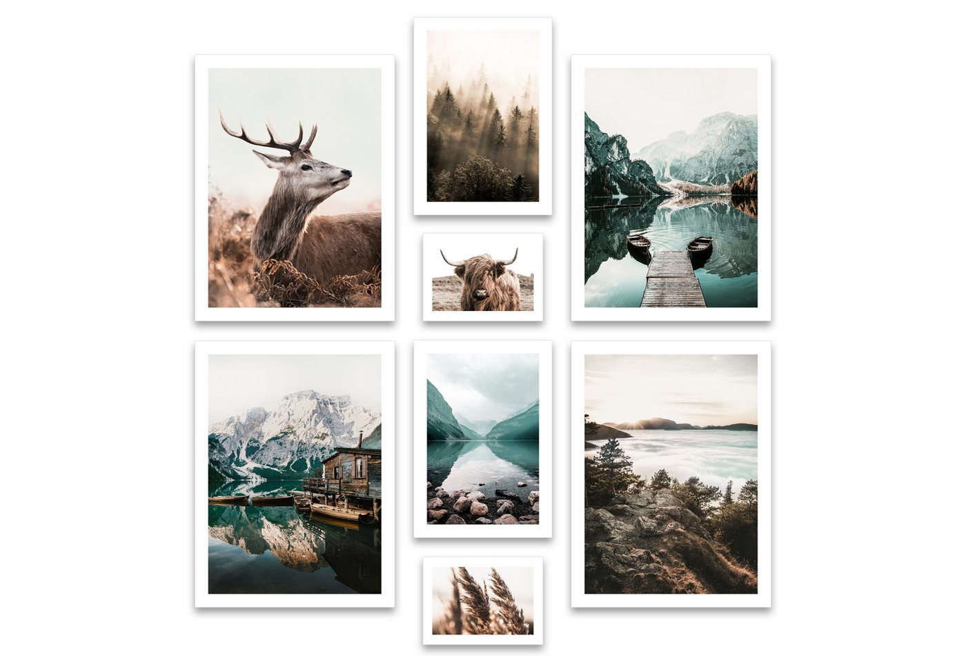 ARTFAVES Bilder-Collage Poster Set - MYSTI RIVER I Natur Tiere See Petrol Braun Herbst I Deko, (Wandbilder modern, 8 St), verschiedene Größen im Set von ARTFAVES