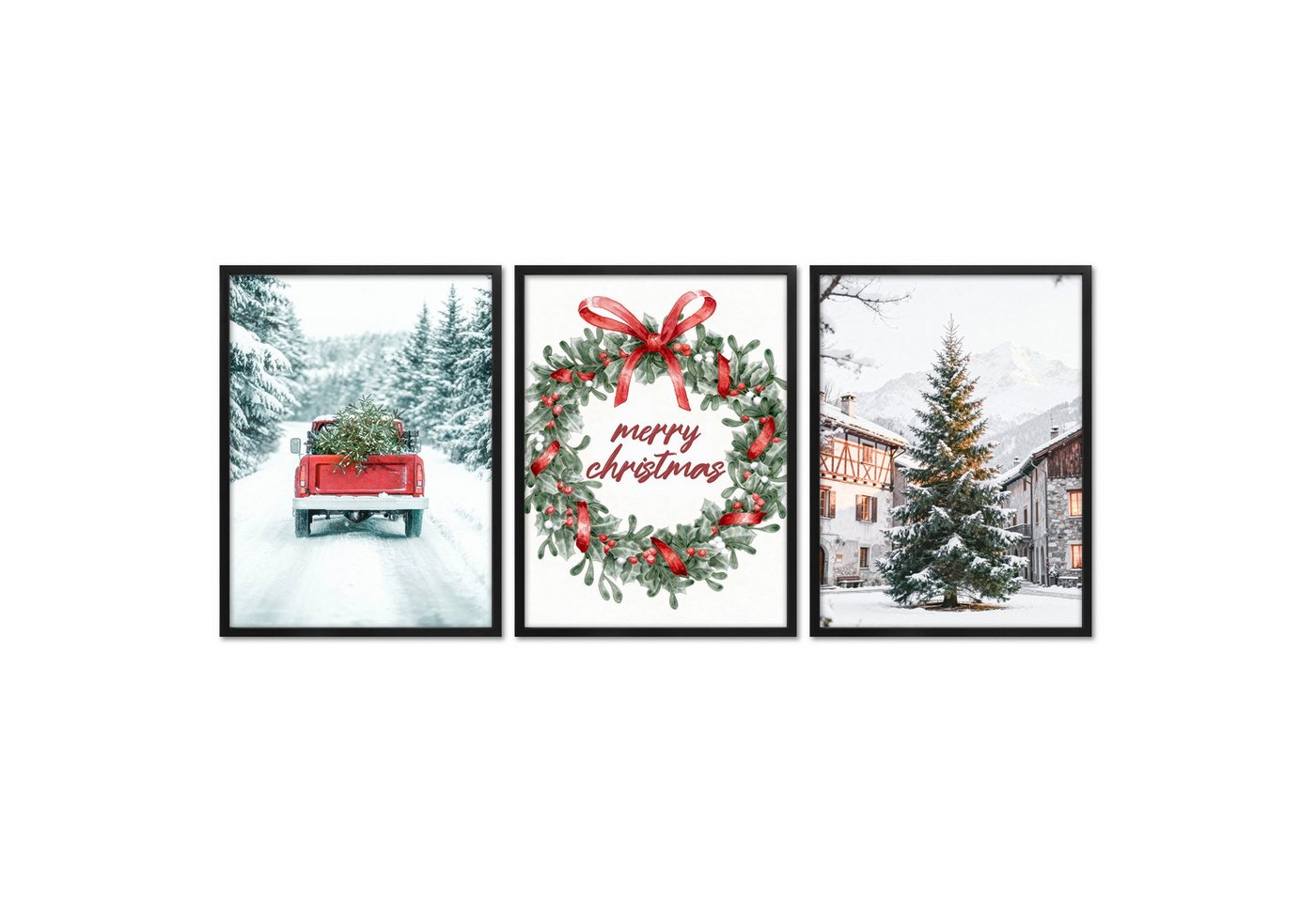 ARTFAVES Bilder-Collage Poster Set - Merry Christmas - 3 Deko Wandbilder Weihnachten Schnee Wi, (Wandbilder modern, 3 St) von ARTFAVES