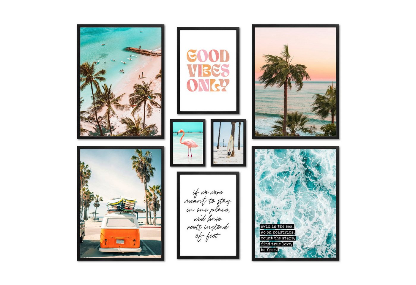 ARTFAVES Bilder-Collage Poster Set - SUMMER VIBES I Wandbilder Sommer Meer Palmen Strand, (Wandbilder modern, 8 St) von ARTFAVES