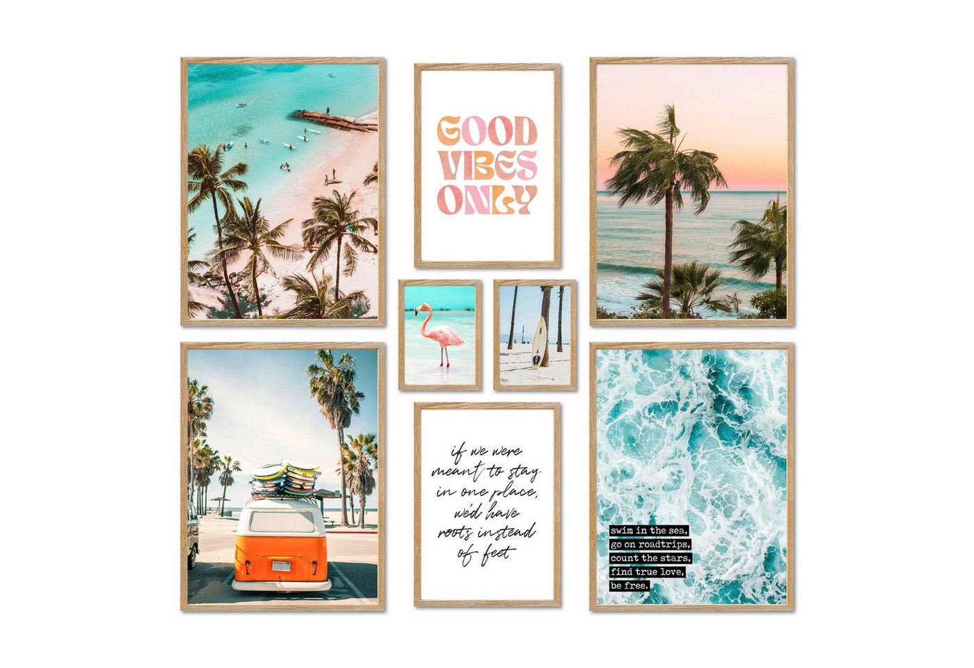 ARTFAVES Bilder-Collage Poster Set - SUMMER VIBES I Wandbilder Sommer Meer Palmen Strand, (Wandbilder modern, 8 St) von ARTFAVES