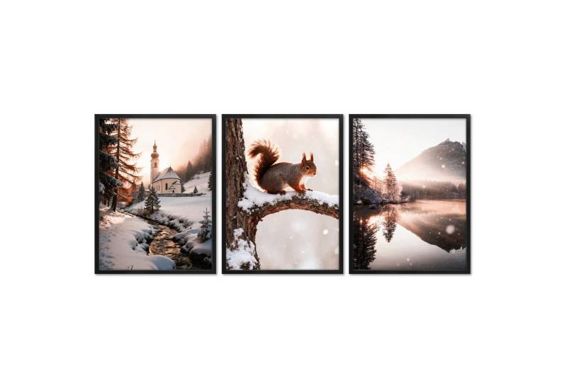 ARTFAVES Bilder-Collage Poster Set - Winter Momente 2 - 3 Deko Wandbilder Kirche Eichhörnchen, (Wandbilder modern, 3 St) von ARTFAVES