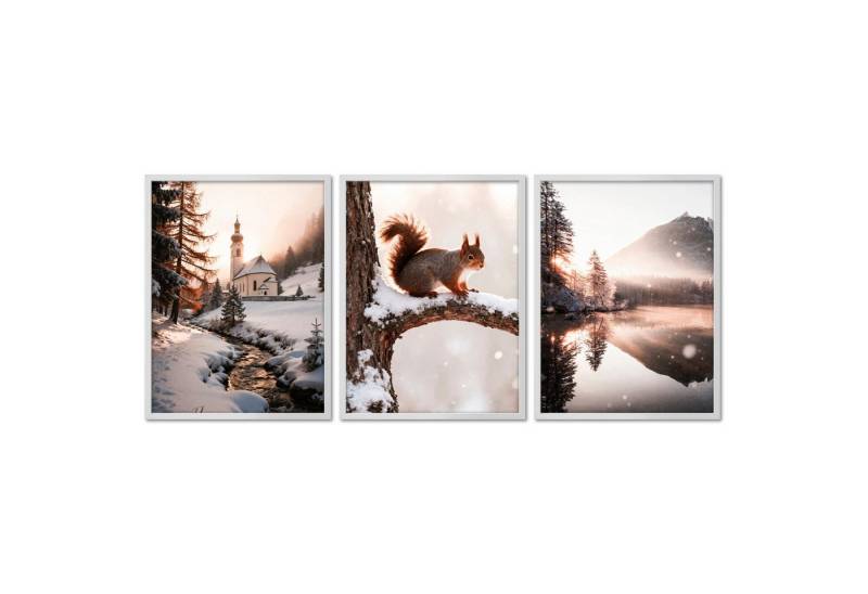 ARTFAVES Bilder-Collage Poster Set - Winter Momente 2 - 3 Deko Wandbilder Kirche Eichhörnchen, (Wandbilder modern, 3 St) von ARTFAVES