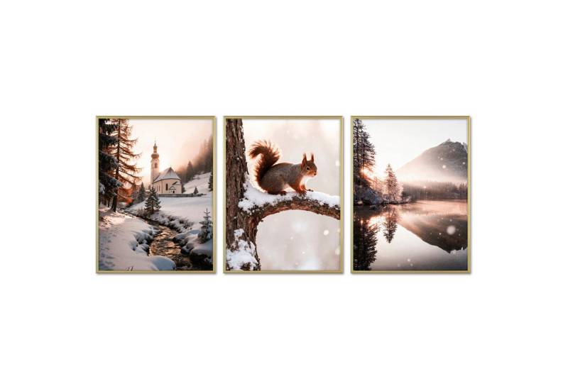 ARTFAVES Bilder-Collage Poster Set - Winter Momente 2 - 3 Deko Wandbilder Kirche Eichhörnchen, (Wandbilder modern, 3 St) von ARTFAVES