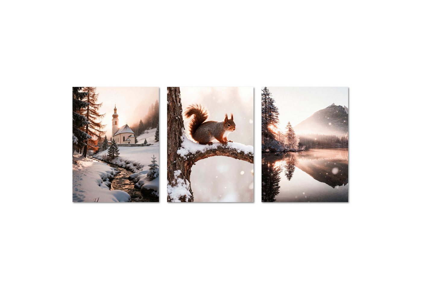 ARTFAVES Bilder-Collage Poster Set - Winter Momente 2 - 3 Deko Wandbilder Kirche Eichhörnchen, (Wandbilder modern, 3 St) von ARTFAVES