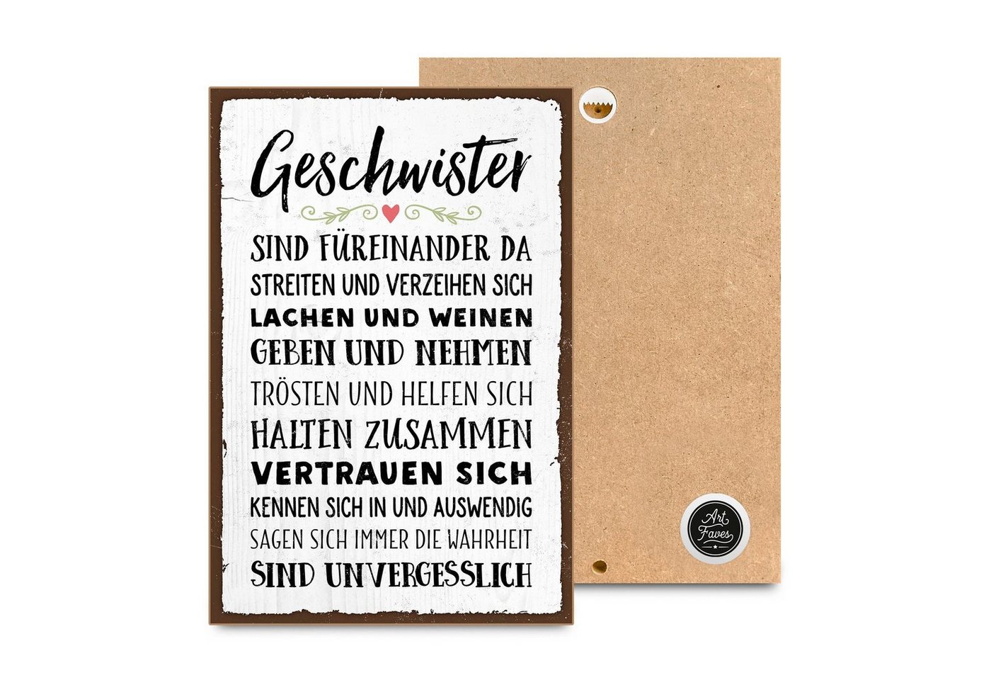 ARTFAVES Holzbild GESCHWISTER SIND FÜREINANDER DA, Geschenk zum Thema Familie, Zuhause von ARTFAVES