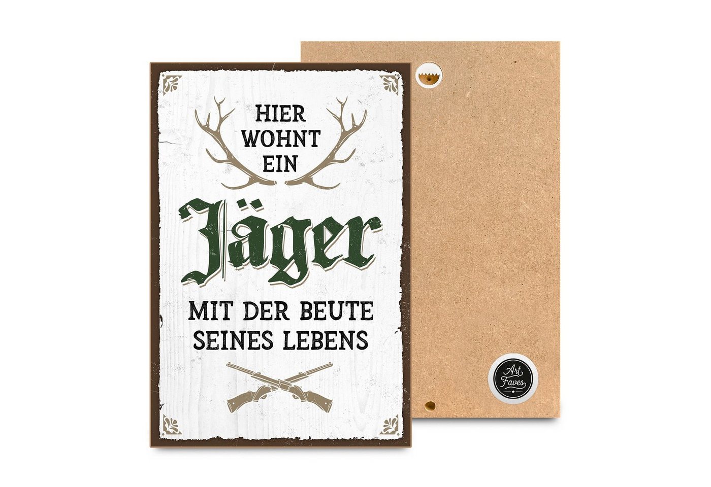 ARTFAVES Holzbild Hier wohnt ein Jäger, Geschenk zum Thema Trends, witzige Sprüche von ARTFAVES