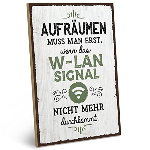 ARTFAVES® Holzschild mit Spruch - AUFRÄUMEN MUSS Man ERST - WLAN | Shabby Chic Vintage Schild | Deko Geschenk zum Thema Zuhause, witzige Sprüche | Größe: 19 x 28 cm von ARTFAVES