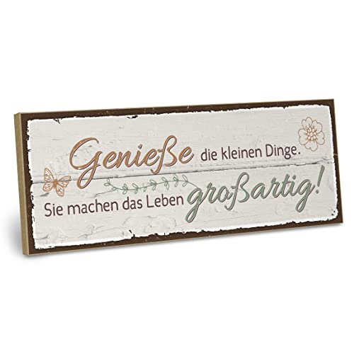 ARTFAVES® Holzschild mit Spruch - GENIESSE DIE KLEINEN Dinge | Shabby Chic Vintage Schild | Deko Geschenk zum Thema Glücklichsein, Achtsamkeit | Größe: 28 x 10 cm von ARTFAVES