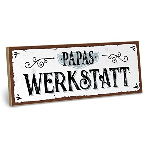 ARTFAVES® Holzschild mit Spruch - Papas Werkstatt | Shabby Chic Vintage Schild | Deko Geschenk zum Thema Familie, Vater | Größe: 28 x 10 cm von ARTFAVES