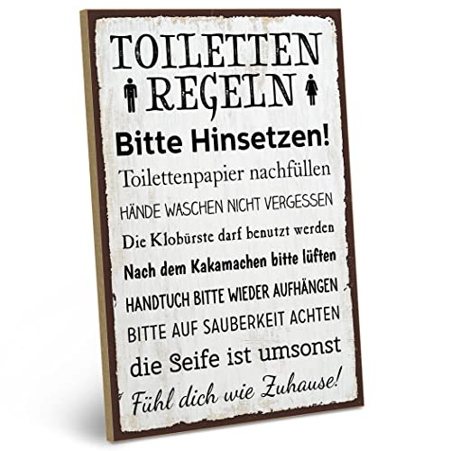 ARTFAVES® Wandbild Holzschild mit Spruch - TOILETTENREGELN - Türschild Retro Vintage Deko Bild Geschenk - Familie, Zuhause, Bad, Badezimmer, WC, Toilette von ARTFAVES