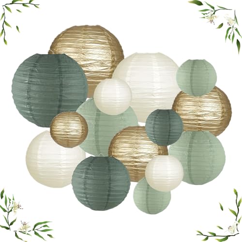 ARTGUTS 15 Stück Grün Cream und Gold Papierlaterne Lampion rund Lampenschirm,Salbeigrün Lampions,Runde Papierlaterne für Braut Hochzeitsdekorationen Geburtstagsfeier Gartenparty Salbeigrün Deko von ARTGUTS