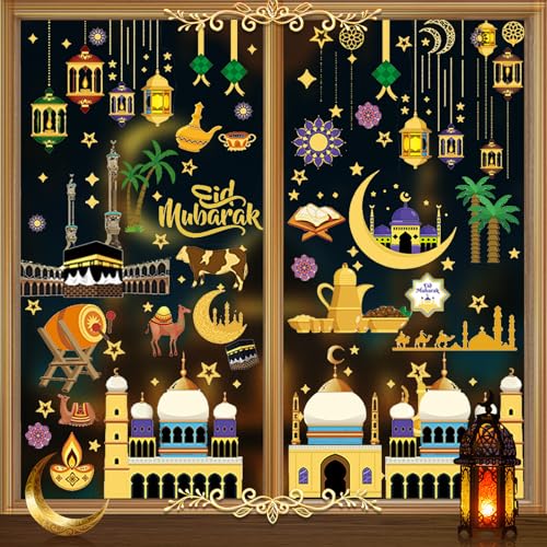 ARTGUTS 9 Stück Eid Mubarak Fensterbilder Eid Mubarak Selbstklebend Ram-adan Sticker, Stern Halbmond Muslim Fensterdeko, RamadanAufkleber, Fensterdeko für Ram-adan und Eid von ARTGUTS