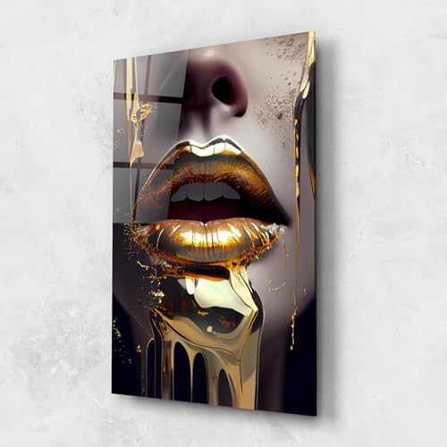 ARTHUB® Glasbild 60x100 cm, 5mm ESG | Moderne Wandbilder aus Glas für Wohnzimmer & Schlafzimmer, Wanddekoration, Wohnkultur, Frauen, Glamorous Gold Lips von ARTHUB