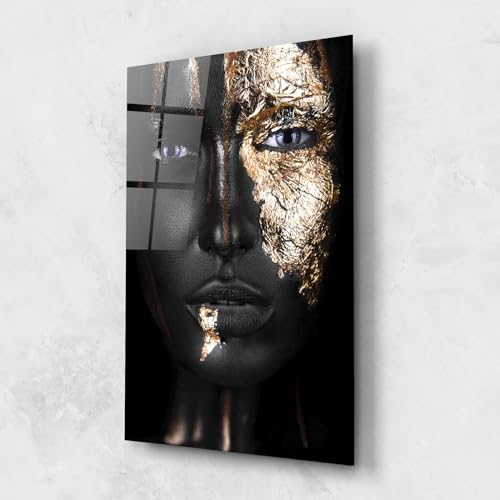 ARTHUB® Glasbild 60x80 cm, 5mm ESG | Moderne Wandbilder aus Glas für Wohnzimmer & Schlafzimmer, Wanddekoration, Wohnkultur, Frauen, Golden Face von ARTHUB