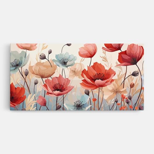 ARTHUB® Leinwandbild 50x100 cm, Poppy Pretty Field | Wohnzimmerdekoration, Hängende Bilder, Wanddekoration, Heimdekoration, Blumen, Mohnblumen von ARTHUB