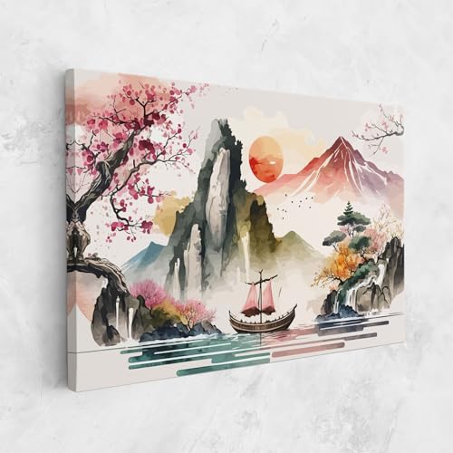 ARTHUB® Leinwandbild 80x120 cm, Asian Orange Sunset | Wohnzimmerdekoration, Hängende Bilder, Wanddekoration, Heimdekoration, Moderne, Asiatisch von ARTHUB