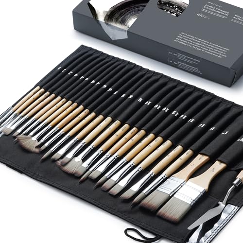 ARTIFY 25-teiliges Premium Pinselset Acrylfarben, Flache Filbert Rund Fächer Liner Eckpinsel mit Canvastasche und Malspachtel für Acryl-Öl-Aquarell-Gouache-Körperbemalung von ARTIFY art supplies