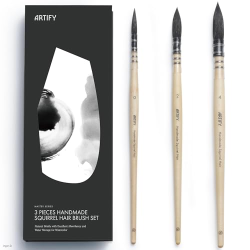 ARTIFY Aquarellpinsel-Set, professionelle natürliche Eichhörnchenhaar, runde feine Spitze, ideal für Aquarell- und Gouache-Malerei, Größen #0, #2, #4, 3-teilig von ARTIFY art supplies