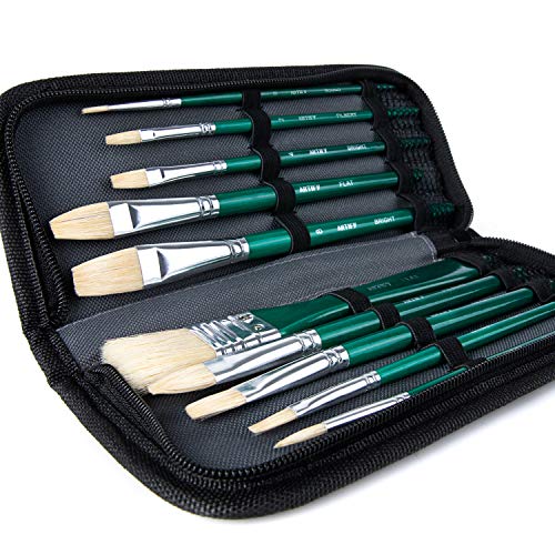 ARTIFY Pinsel-Set 10 Stück Schweineborsten Öl, Premium Pinsel-Set mit Tragetasche, ideal für Acryl, Öl, Aquarell und Gouache-Malerei, Grün von ARTIFY art supplies