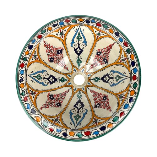 Marokkanisches Waschbecken aus Keramik, handbemalt, 40 cm, geometrisches Blumenmuster, mehrfarbig, Fes von ARTIGIANATO VULCANO