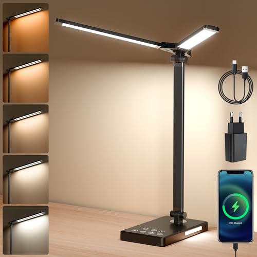 ARTINABS Schreibtischlampe LED Doppelkopf, Tischlampe Dimmbar Augenschutz, Desk Lamp 5 Farb Und 5 Helligkeitsstufen, Bürolampe Tageslichtlampe Mit USB-Ladeanschluss, Timer Für 45 Minuten (schwarz) von ARTINABS