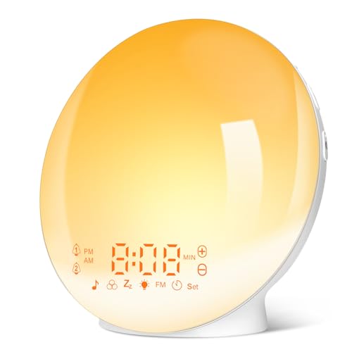 Tageslichtwecker Lichtwecker Wake up Light Sonnenaufgang Sonnenuntergang Simulation Wecker Radio 7 Naturgeräusche 2 Alarmen Snooze 11 Farblicht 20 Helligkeit Nachttischlampe Erwachsene (gelb) von ARTINABS