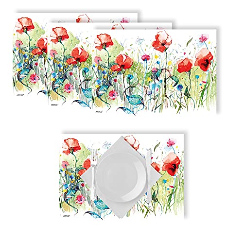 Artipics Tischsets Nature Fantasy Platzsets Abwaschbar Kunststoff 4 Stück je 42 x 30 cm Bunt Kreativ Kunstvoll Aquarellstil Mohnblumen Tischdeko Für Küche | Essbereich | Gäste | Drinnen | Draußen von ARTIPICS Tischkunst