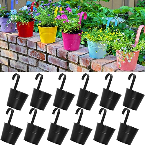 ARTKETTY 16 cm hängende Blumentöpfe aus Metall, Eisenvase, Eimer, Pflanzgefäß für Geländer, Zaun, Balkon, Garten, Heimdekoration, Blumenhalter mit abnehmbaren Haken, Schwarz (12 Stück) von ARTKETTY