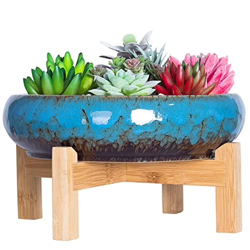 ARTKETTY Große runde saftige Pflanzgefäß mit Ständer, Vintage Keramik glasierte Bonsai Topf mit Mess Drainage Bildschirm, dekorative Garten Moderne Kaktusblume Pflanzgefäß Behälter Schüssel (Blue) von ARTKETTY