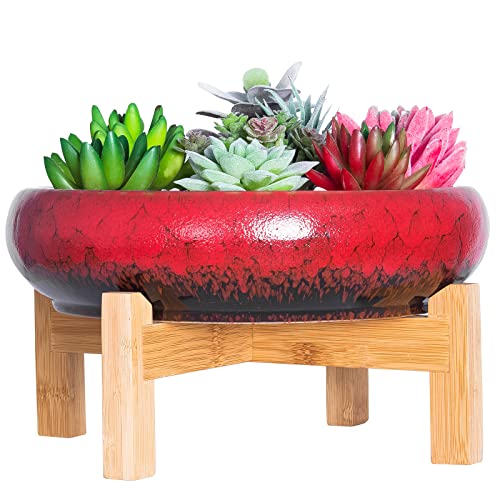 ARTKETTY Große runde saftige Pflanzgefäß mit Ständer, Vintage Keramik glasierte Bonsai Topf mit Mess Drainage Bildschirm, dekorative Garten Moderne Kaktusblume Pflanzgefäß Behälter Schüssel (Red) von ARTKETTY