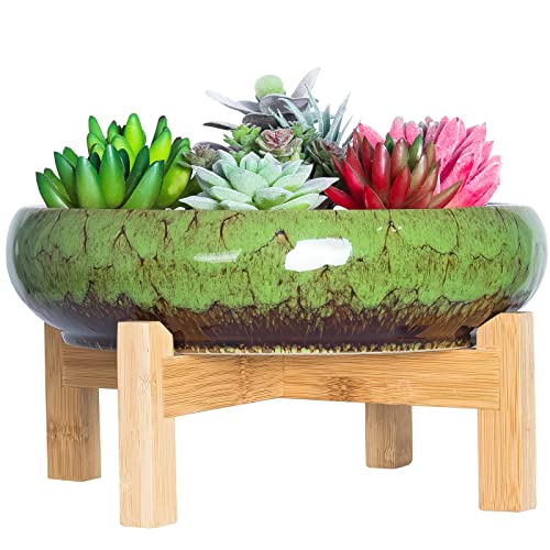 ARTKETTY Große runde saftige Pflanzgefäß mit Ständer, Vintage Keramik glasierte Bonsai Topf mit Mess Drainage Bildschirm, dekorative Garten Moderne Kaktusblume Pflanzgefäß Behälter Schüssel (Green) von ARTKETTY