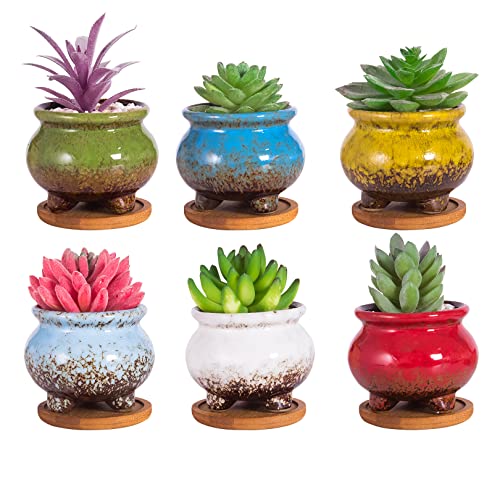 ARTKETTY Sukkulente Pflanzgefäße Töpfe, 9,6CM Keramik Kaktus Pflanze Töpfe mit Bambusuntersetzer Klein Blumentöpfe Bonsai Container für Zimmerpflanzen(5 In Set) von ARTKETTY