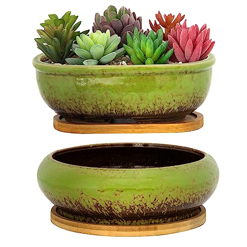 ARTKETTY Sukkulentententententöpfe, Keramik-Pflanzgefäße mit Drainage-Bambus-Tablett, 1 rechteckiger Blumentopf + 1 runder Blumentopf für Kakteen, Bonsai-Pflanzen, Zuhause (grün) von ARTKETTY