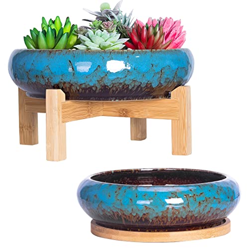 ARTKETTY Sukkulententöpfe – 18 cm großes Pflanzentopf-Set, Keramik-Bonsai-Topf mit Abtropfschale, große Flache Pflanzentöpfe für Zimmersukkulenten, glasierter Kaktusblumenbehälter, 2er-Set von ARTKETTY
